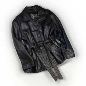 Leather Limited Black Belted Full Zip Jacket Coat Large Zip Out Thermolite Liner